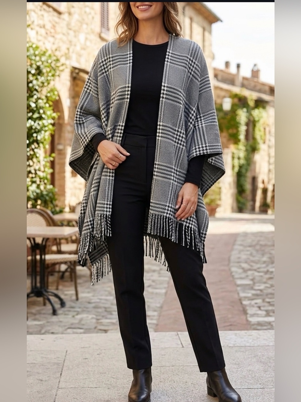 Rachel Roy Women’s One Size Houndstooth Glen Plaid Fringe Open-Front Poncho Wrap